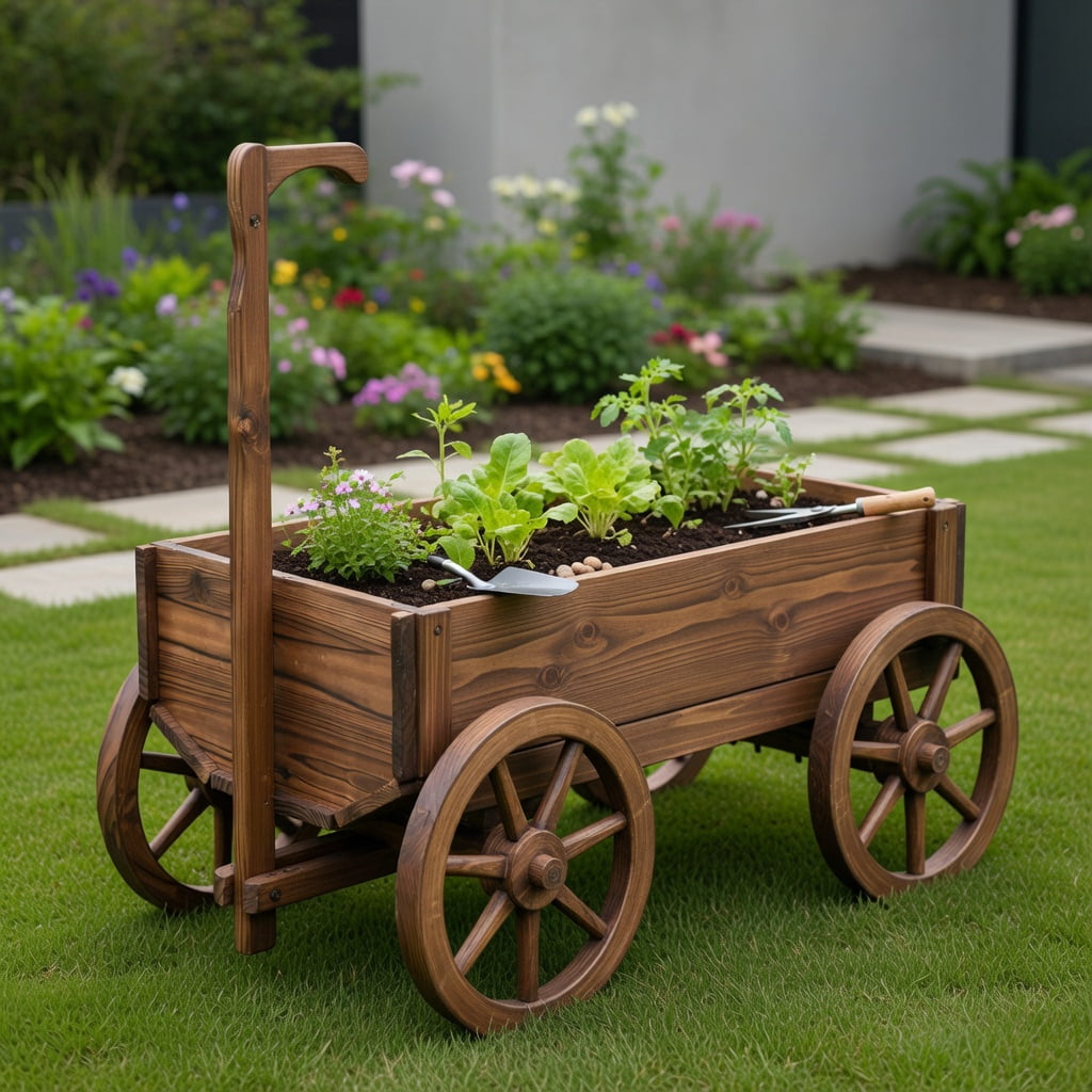 Topcobe Wood Wagon Planter Pot Stand with Wheels, Raised Beds for Yard Garden, Planters for Outdoor Plants