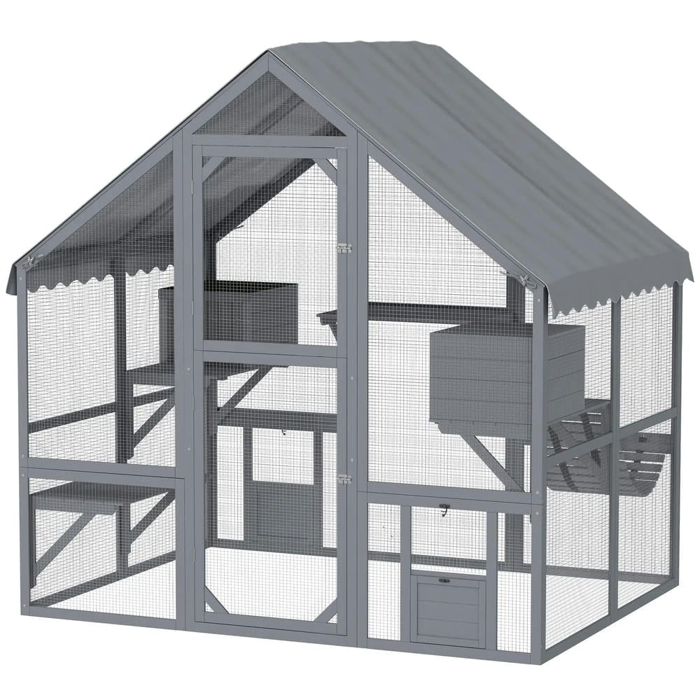 Topcobe Wooden Catio Outdoor Cat Enclosure with Waterproof Cover, 2 Condos, 4 Platforms, Bridge, Doors, Outdoor Wooden Feral Cat Shelter, Gray