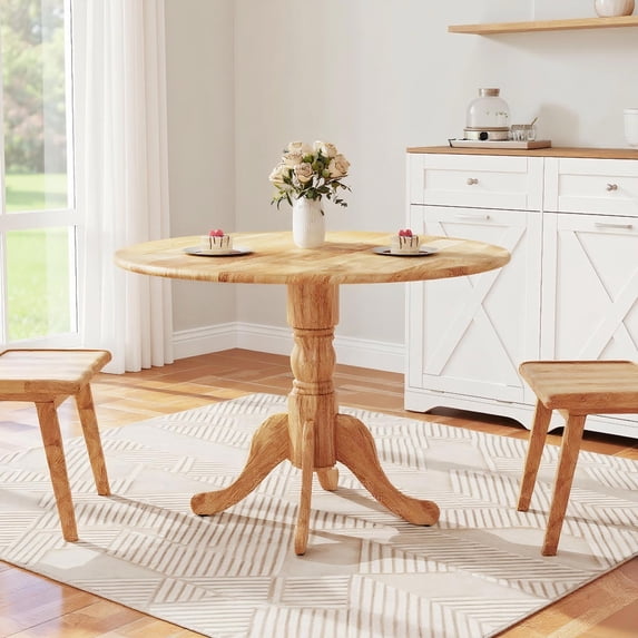 Topcobe Wooden Dining Table with Round Tabletop and Curved Trestle Legs, Furniture Table for Living Room, Easy Assembly, Classic Design, Natural