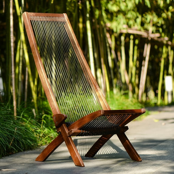 Topcobe Wooden Foldable Patio Roping Art Chair with High Back for Porch Deck Poolside Garden, Brown