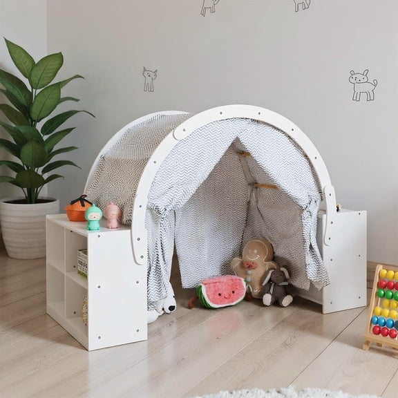 Topcobe Wooden Kids Play Tent with Curtain Shades and 8 Cubbies, Kid's Toys for Indoor Outdoor, Ideal Gift for Toddlers-White