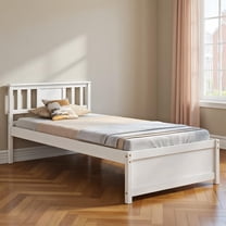 Topcobe Wooden Platform Bed with Headboard and Wood Slat Support White, Indoor Furniture, Modern Furniture for Bedroom-Twin Size