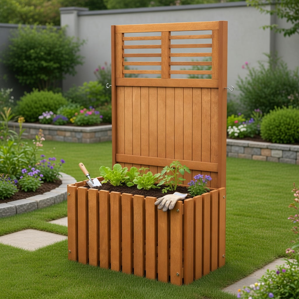 Topcobe Wooden Raised Garden Bed with Privacy Screen, Decor for Indoor Outdoor Garden, Patio-Brown