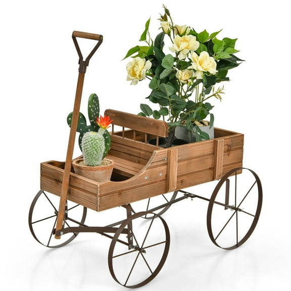Topcobe Wooden Wagon Plant Bed With Wheel for Garden Yard, Planters for Outdoor Plants, Raised Planter Box, Brown