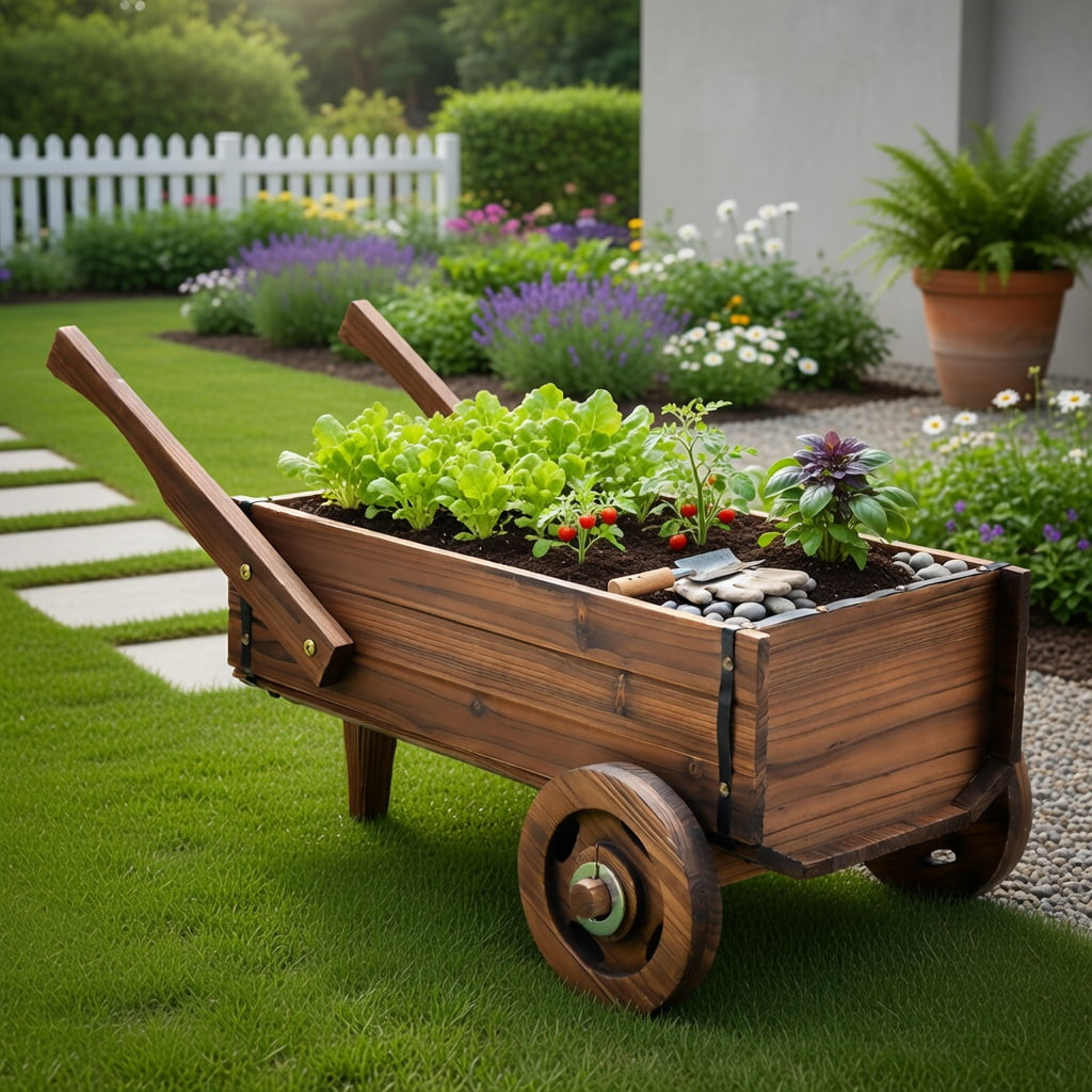 Topcobe Wooden Wagon Planter Box with Wheels Handles and Drainage Hole, Planters for Outdoor Plants, Raised Garden Beds Outdoor, Brown