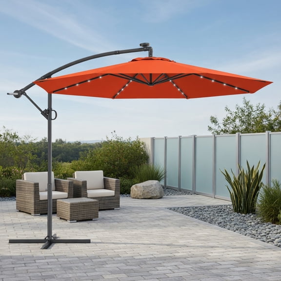 Topcobee 10 Ft 360° Rotation Solar Powered LED Patio Offset Umbrella without Weight Base, Outdoor Umbrellas for Patio, Shade Umbrella for Deck, Pool, Garden, Backyard-Orange