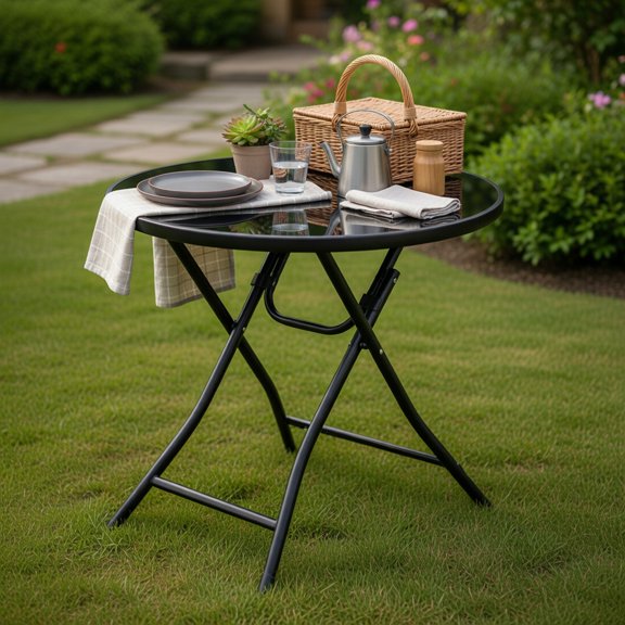 Topcobee 23 Inch Round Folding Bistro Table with Tempered Glass Top, Metal Frame, Sturdy X-Base Design for Patio, Outdoor Dining Tables for Porch-Black