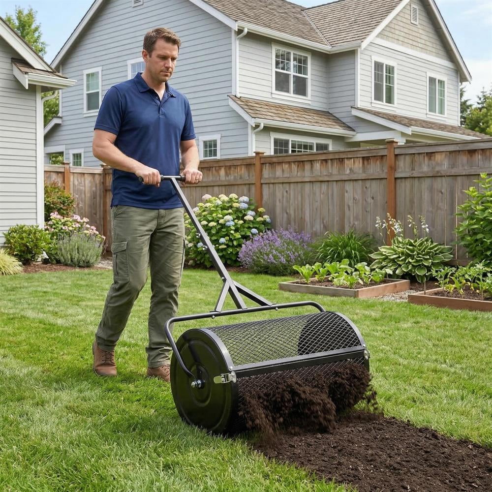 Topcobee 24 Inch Compost Spreader Peat Moss Spreader Roller with Height-Adjustable T-Shaped Handle, Garden Spreaders for Lawns-Black