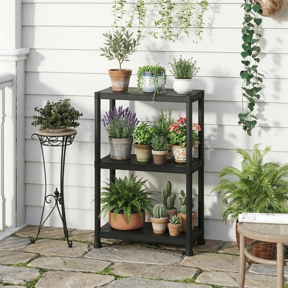 Topcobee 3-Tier Heavy-Duty Plastic Storage Shelves Freestanding Garage Shelving Unit, Display Rack, Corner Plant Stand