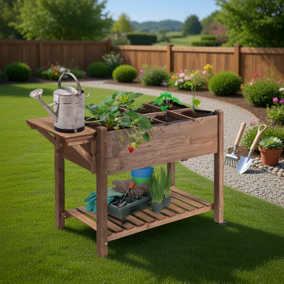Topcobee 34.25" H Wooden Garden Box with 8 Pockets and Lockable Wheels, Foldable Side Clapboard, Elevated and Self-Draining Design, Garden Boxes Outdoor Raised, Planters for Outdoor Plants, Brown