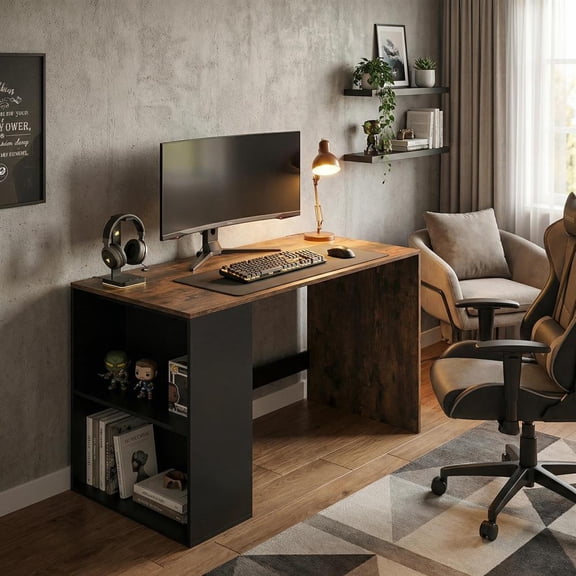 Topcobee 44 Inch Wooden Computer Desk with Bookshelf for Small Space, Modern Furniture for Home Office-Rustic Brown and Black