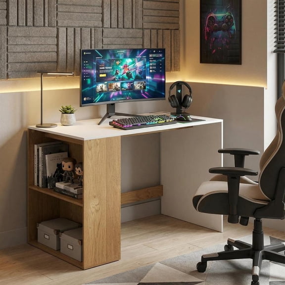 Topcobee 44 Inch Wooden Computer Desk with Bookshelf for Small Space, Modern Furniture for Home Office-White and Natural