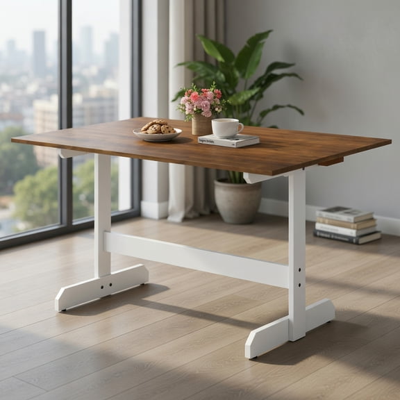 Topcobee 55 Inch Rectangular Dining Table for 4-6 People, Solid Rubberwood Trestle Base, Rustic Kitchen or Dining Room Table, Kitchen and Dining Room Furniture for Apartment-Walnut, White