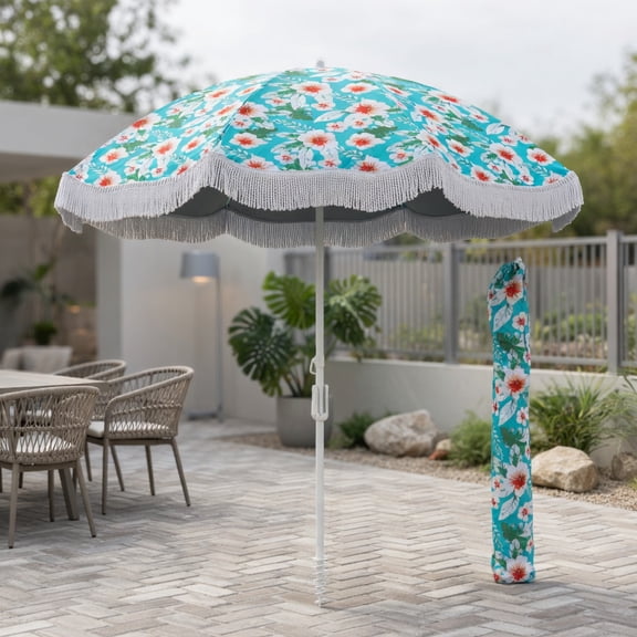 Topcobee 6.5 FT Beach Umbrella with Fringe Outdoor Tassel, Push Button Tilt, Outdoor Umbrellas for Patio, Shade Umbrella for Garden, Deck, Backyard, Pool, No Base-Green