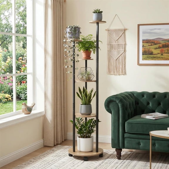 Topcobee 6-Tier Plant Stand with RGB Light and Wheels 57inch Tall Indoor Display Shelf Flowerpot Holder, Display Rack, Corner Plant Stand-Natural