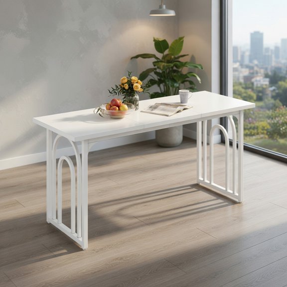 Topcobee 63 Inch Rectangular Farmhouse Dining Table for 6-8 People, MDF and Metal Kitchen Table with Adjustable Feet, Dining Room Table for Home-White