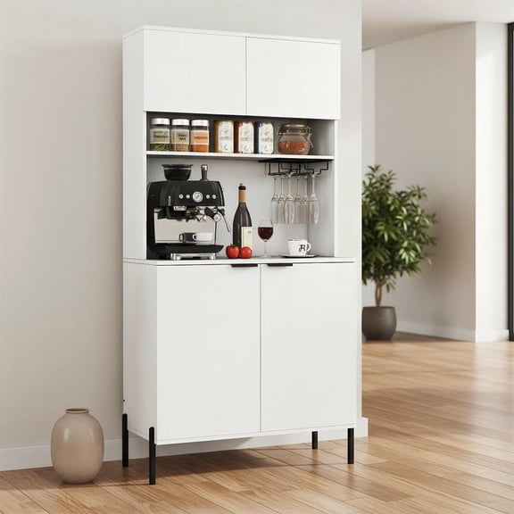 Topcobee 64.5 Inches Tall Kitchen Pantry Cabinet with Charging Station and Wine Glass Rack, Storage Cabinet, Closet Organizer, Modern Furniture for Home-White