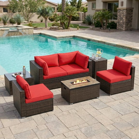 Topcobee 7 Pieces Outdoor Furniture Set with 32 Inch Fire Pit Table and Propane Tank Cover, Patio Furniture Set for Outdoor, Comfort-Red