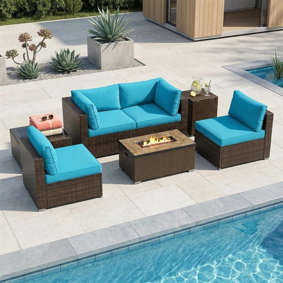 Topcobee 7 Pieces Outdoor Furniture Set with 32 Inch Fire Pit Table and Propane Tank Cover, Patio Furniture Set for Outdoor, Comfort-Turquoise