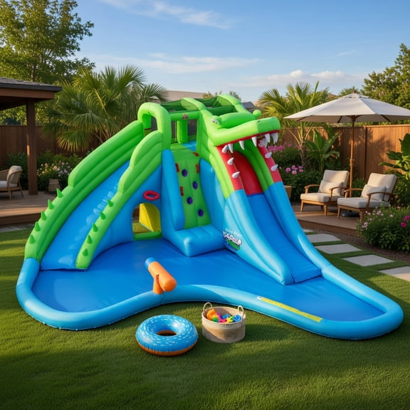 Topcobee 7-in-1 Inflatable Water Slide Bounce House with Splash Pool, Dual Slides, Climbing Wall, Basketball Hoop, Outdoor Kids Play Set, Bouncy House for Backyard, Blower Not Included