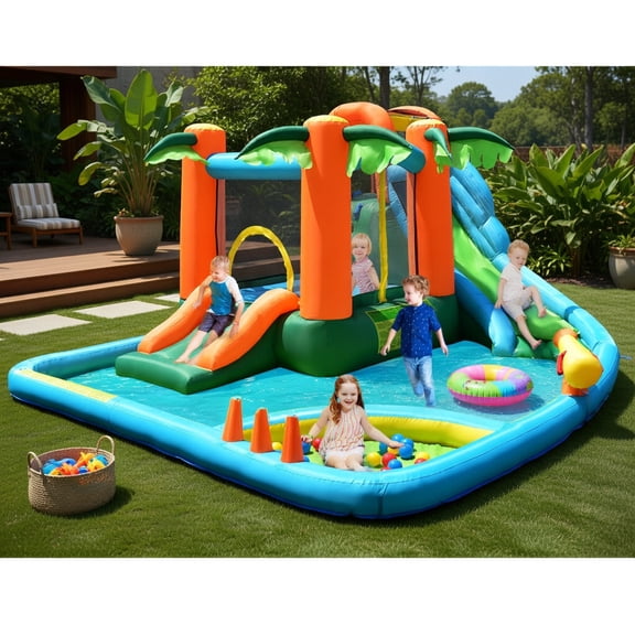 Topcobee 7-in-1 Inflatable Water Slide Bouncer for Kids, Dual Slides, Jumping Area, Climbing Wall, Basketball Rim, Outdoor Play Center for Ages 3-10, Bounce House Water Slide for Backyard