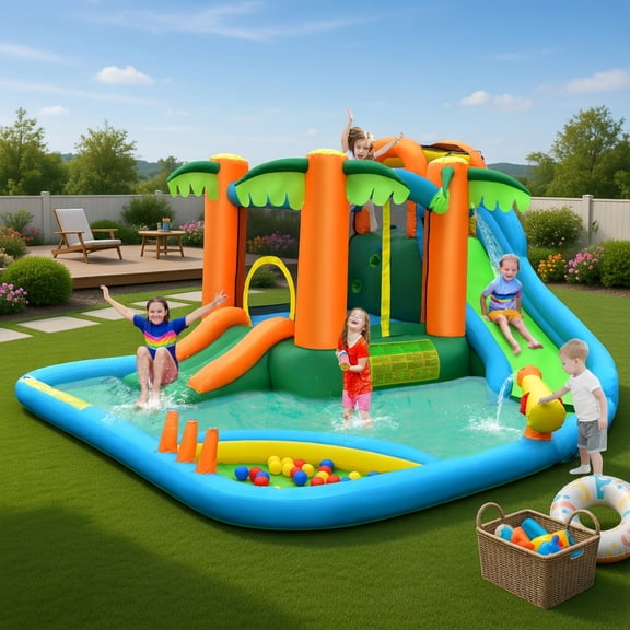 Topcobee 7-in-1 Inflatable Water Slide Park for Kids, 780W Blower, Splash Pool, Climbing Wall, Ball Pit, Oxford Cloth, 169.5" x 148" x 81", Ages 3-10, Inflatable Water Park for Summer Fun