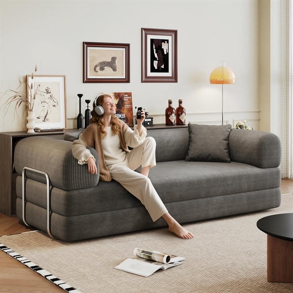 Topcobee 78.8" Compression Sofa, Convertible Floor Sofa Bed with Pillow Back Support, Armrest, Corduroy Fabric, Sleeper Sofa Bed, Convertible Couch, Gray