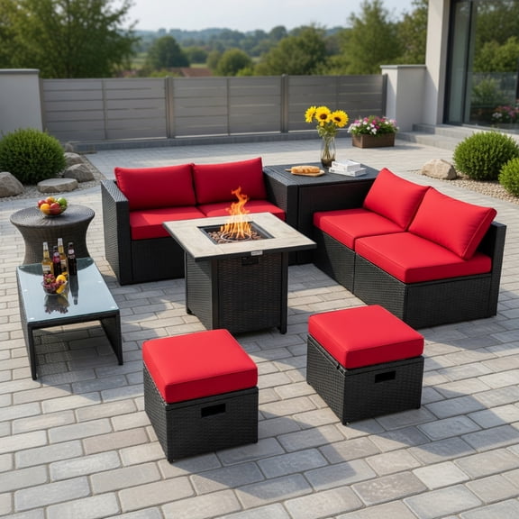 Topcobee 9 Pieces Outdoor PE Rattan Wicker Sectional Sofa with 42 Inch Gas Fire Pit Table, Patio Sectional Furniture Set, Outdoor Couch Set for Balcony Garden Backyard Lawn-Red