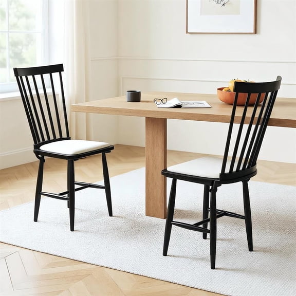 Topcobee Dining Chairs Set of 2 Farmhouse Solid Rubber Wood Windsor Design, Removable Seat Cushions, Chairs for Dining Table, Kitchen Chairs-Black