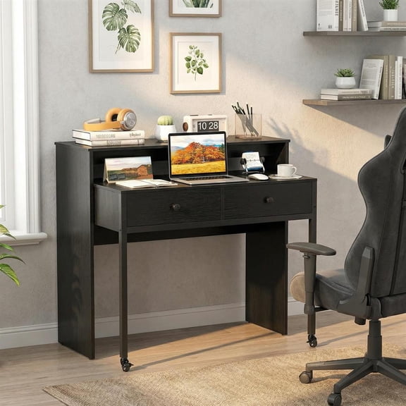 Topcobee Extendable Computer Desk with 2 Storage Drawers Convertible Home Office Rolling Study Writing Desk, Modern Furniture for Home Office-Black