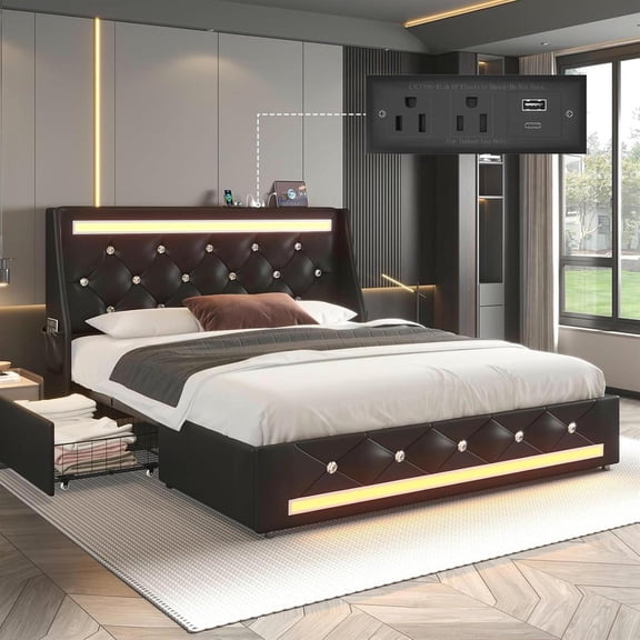 Topcobee Full Bed Frame with LED Lights, Upholstered Frame and Charging Station, Platform Bed with Vented Slats Easy Assembly, Noise Reduction, Modern Furniture for Bedroom, No Box Spring, Black