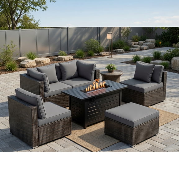 Topcobee Heavy-duty Frame Rattan Sofa Set with 60,000 BTU Firepit Table, Patio Sectional Furniture Set, Outdoor Couch Set for Balcony Garden Backyard Lawn-Gray