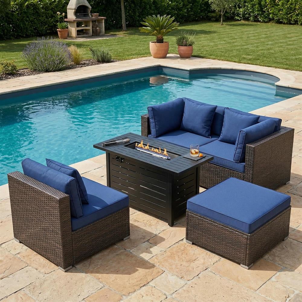 Topcobee Heavy-duty Frame Rattan Sofa Set with 60000 BTU Firepit Table, Patio Furniture Set for Outdoor, Comfort-Navy