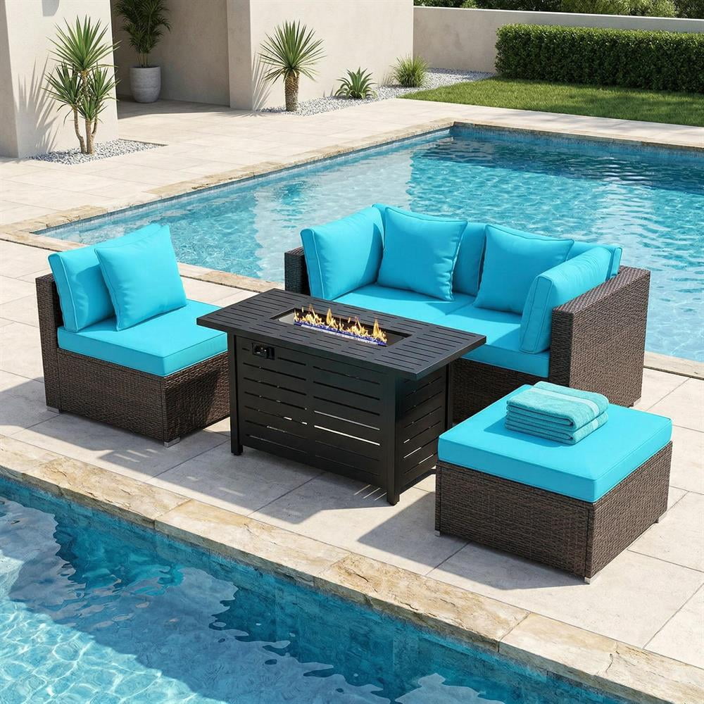 Topcobee Heavy-duty Frame Rattan Sofa Set with 60000 BTU Firepit Table, Patio Furniture Set for Outdoor, Comfort-Turquoise
