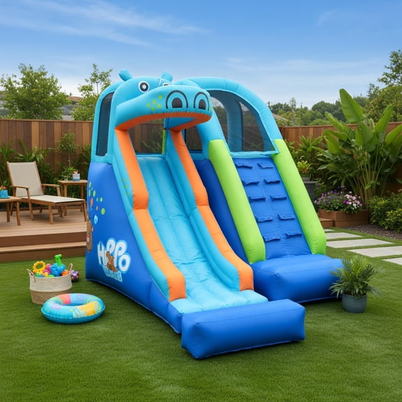 Topcobee Inflatable Hippo Water Slide, Splash Pool for Kids, 9.5ft x 12.5ft Outdoor Bouncer with Climbing Wall, Water Cannon, Bounce House Water Slide for Backyard-Blue, Blower Not Included