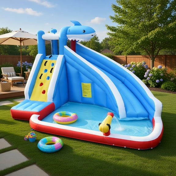 Topcobee Inflatable Shark Water Park with Slide, Climbing Wall, Splash Pool, Outdoor Bounce House for Kids Ages 4-12, Bouncy House for Backyard, No Blower Included