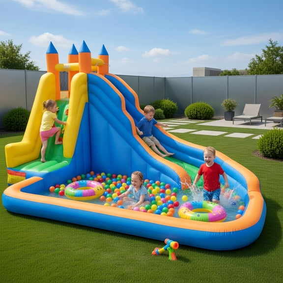 Topcobee Inflatable Water Slide with Climbing Wall, Splash Pool, 157.5" L x 121.5" W x 96.5" H, 420D Oxford, Outdoor Kids Bouncer, Inflatable Bounce House for Backyard, Blower Not Included