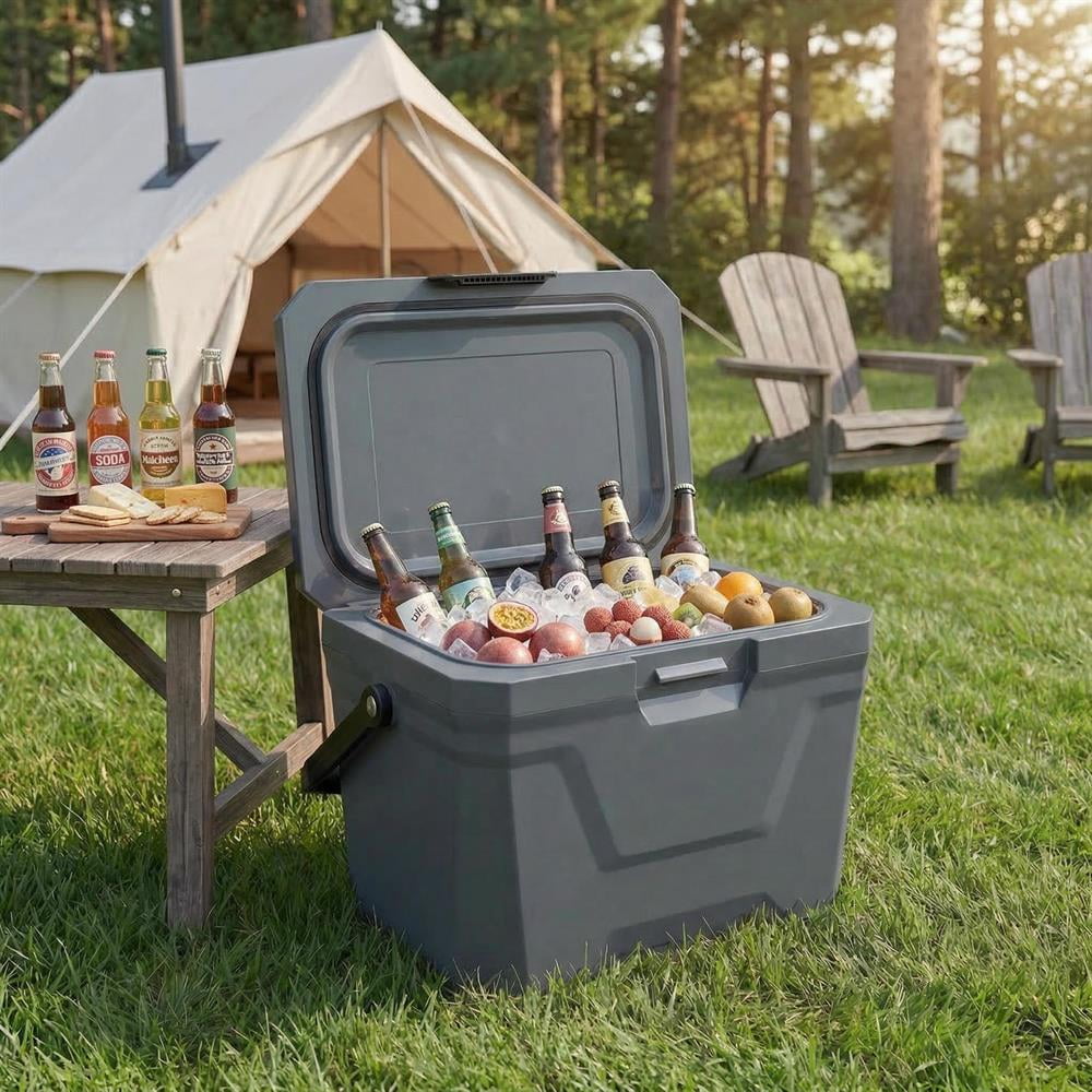 Topcobee Insulated Portable Cooler Hard Shell Ice Chest with 2 Cup Holders, Outdoor Cooler, Rolling Cooler-Gray