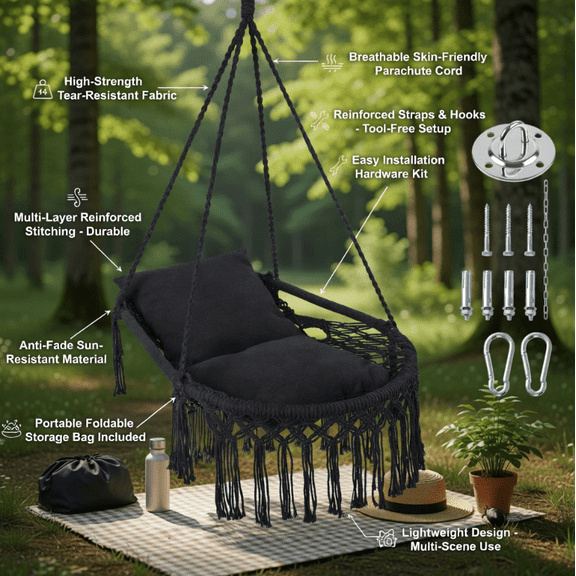 Topcobee Macrame Swing Chair Hammock Chair with 2 Removable Cushions, Indoor Hammock Chair, Egg Swing-Black