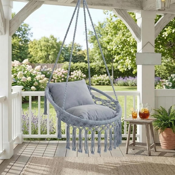 Topcobee Macrame Swing Chair Hammock Chair with 2 Removable Cushions, Indoor Hammock Chair, Egg Swing-Grey