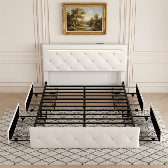 Topcobee Queen Bed Frame with LED Lights and Storage, PU Upholstered Headboard, Crystal Button, Charging Station, Metal Frame, Modern Furniture for Bedroom, No Box Spring, White