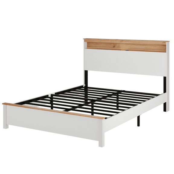 Topcobee Queen Bed Stand with Charging Station All-Wood Frame, Easy Install, Floor Bed for Bedroom, Modern Furniture, Rustic Type, Classic White