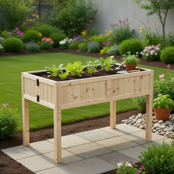 Topcobee Raised Garden Bed Elevated Wooden Planter Box with Space-Saving Folding Design, Drainage Holes, & Inner Liner, Garden Boxes Outdoor Raised for Vegetable Fruit Herb Grow