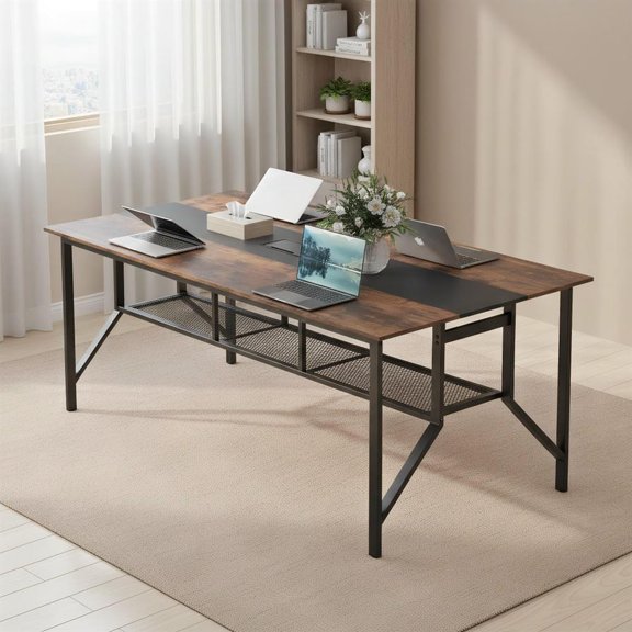 Topcobee Rectangular Meeting Table with Mesh Storage Shelf and Cable Grommet, Modern Furniture for Home Office-Rustic Brown