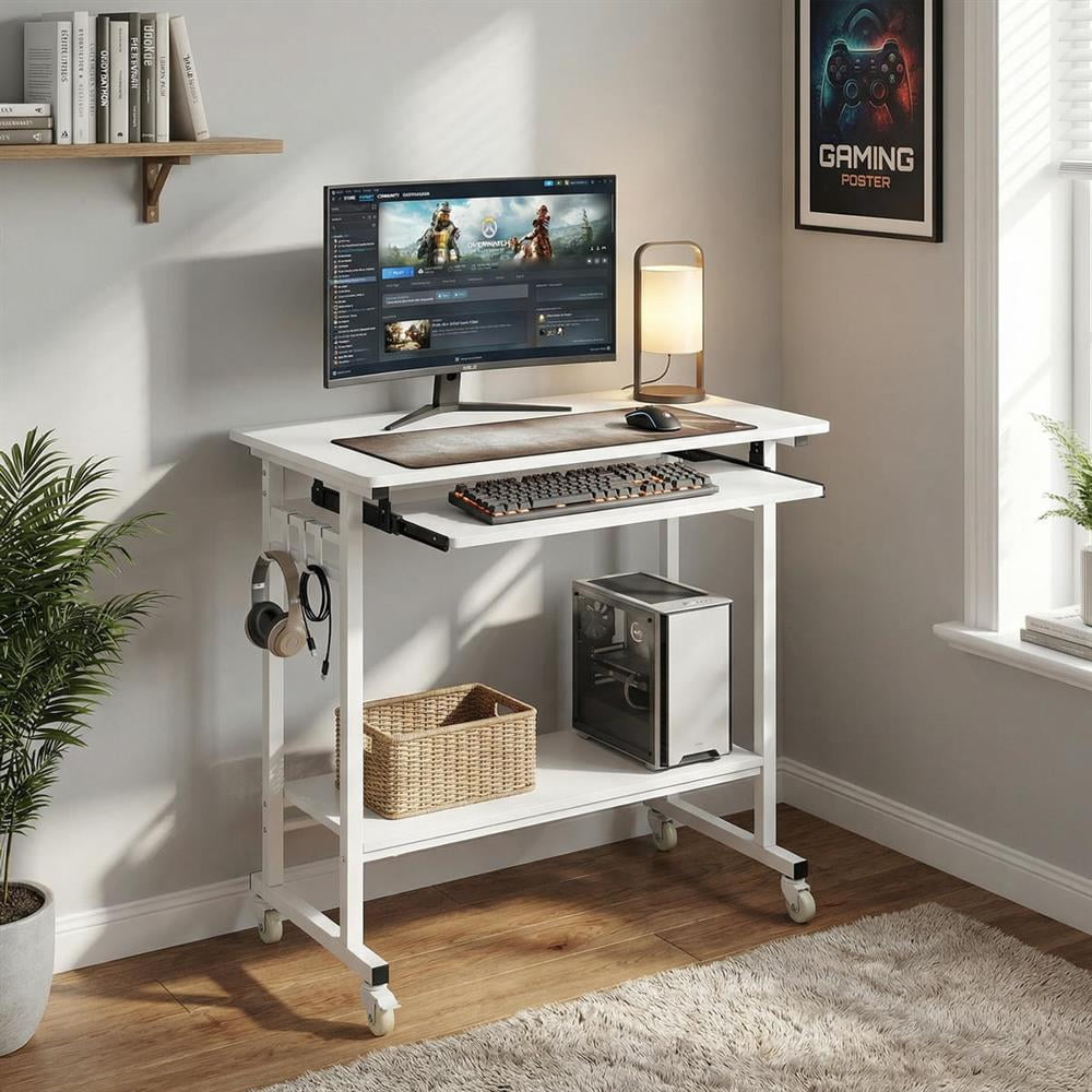 Topcobee Rolling Laptop Table with Pull-out Keyboard Tray and Hooks, Stand up Desk, Bedroom Desk, Modern Furniture for Home-White