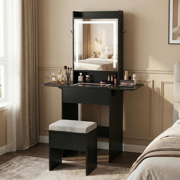 Topcobee Space-saving Vanity Desk with Mirror and Lights for Bedroom, Dresser for Closet, Closet Organizer, Modern Furniture for Bedroom-Black