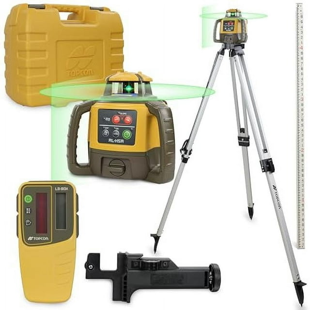 Topcon RL-H5A Laser Transit Leveler Kit - LS-80X Rotary Laser Receiver with Rod Bracket - 36-60in Precision Level 360 Laser Tripod - 13ft Fiber Rod Level Tool with Tenth Increments for Construction