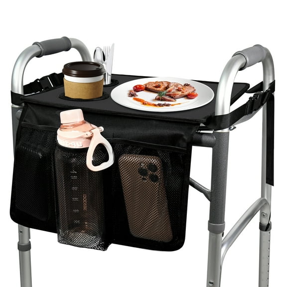 Topdatry Walker Tray for Folding Walker, Tray for Walker for Seniors Detachable with Cup Holder, Foldable Walker Accessories for Elderly,Tray Table Fits Most Standard Walkers