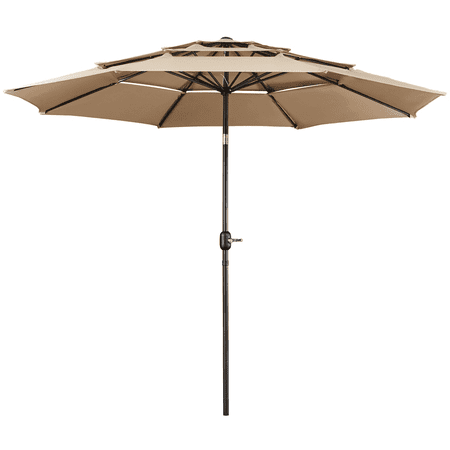 Topeakmart 10ft 3 Tier Patio Umbrella Outdoor Vented Table Umbrella with 8 Sturdy Ribs, Tan