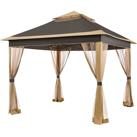 Topeakmart 11 FT Pop-Up Gazebo Tent with 4 Mesh Sidewalls, Brown